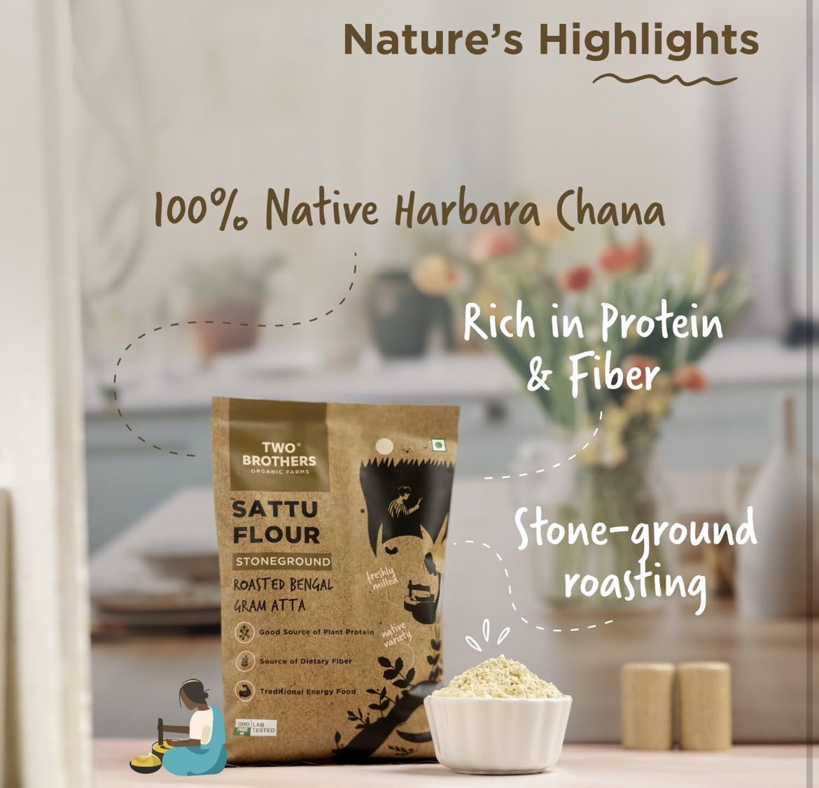 Two Brothers Organic Farms Sattu Atta (1 kg) | Made Using Bengal Gram
