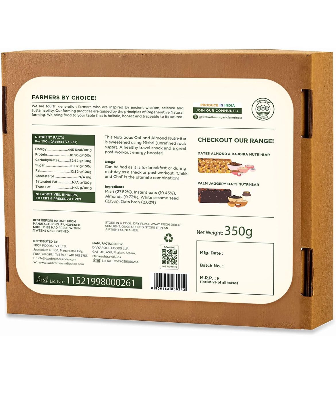 TWO BROTHERS ORGANIC FARMS ALMOND OAT &amp; MISHRI NUTRI-BAR PACK - 9 BARS