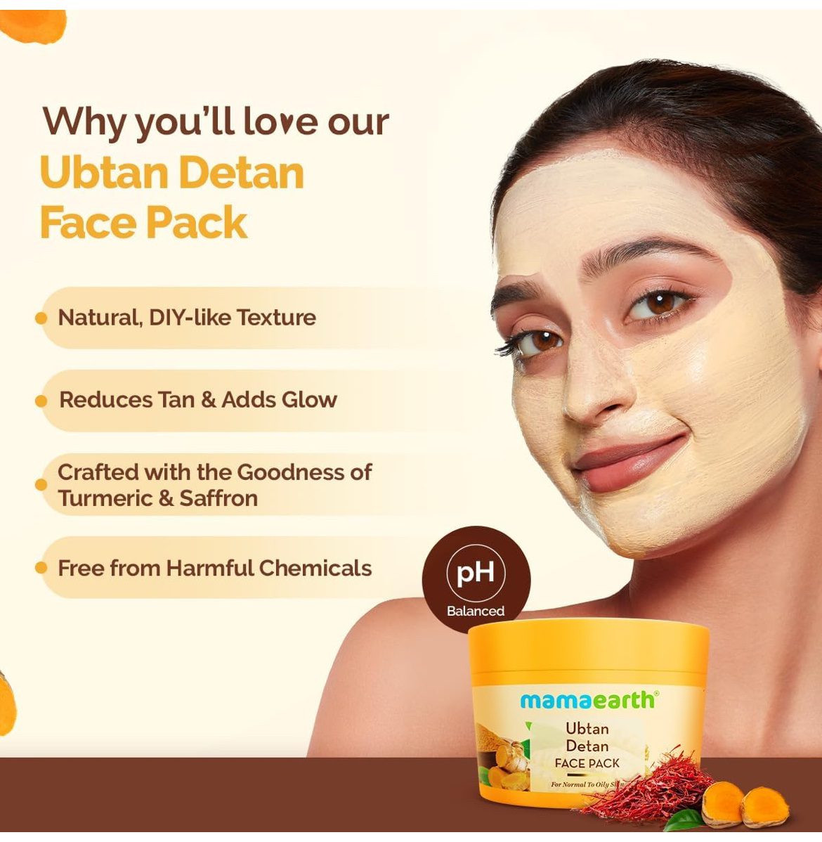 Mamaearth Ubtan Detan Face Pack with Turmeric &amp; Saffron for Normal to Oily Skin 200 g