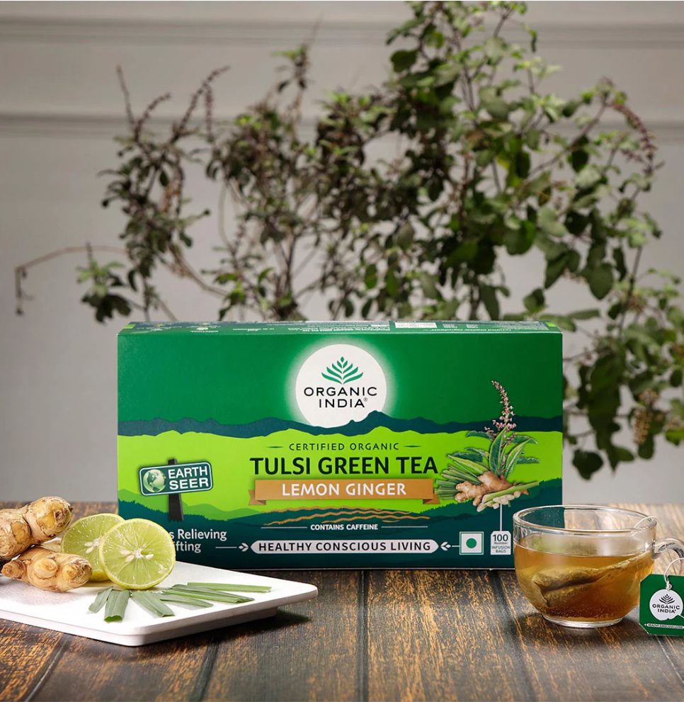 Organic India Tulsi Green Tea Lemon Ginger 100 Teabags