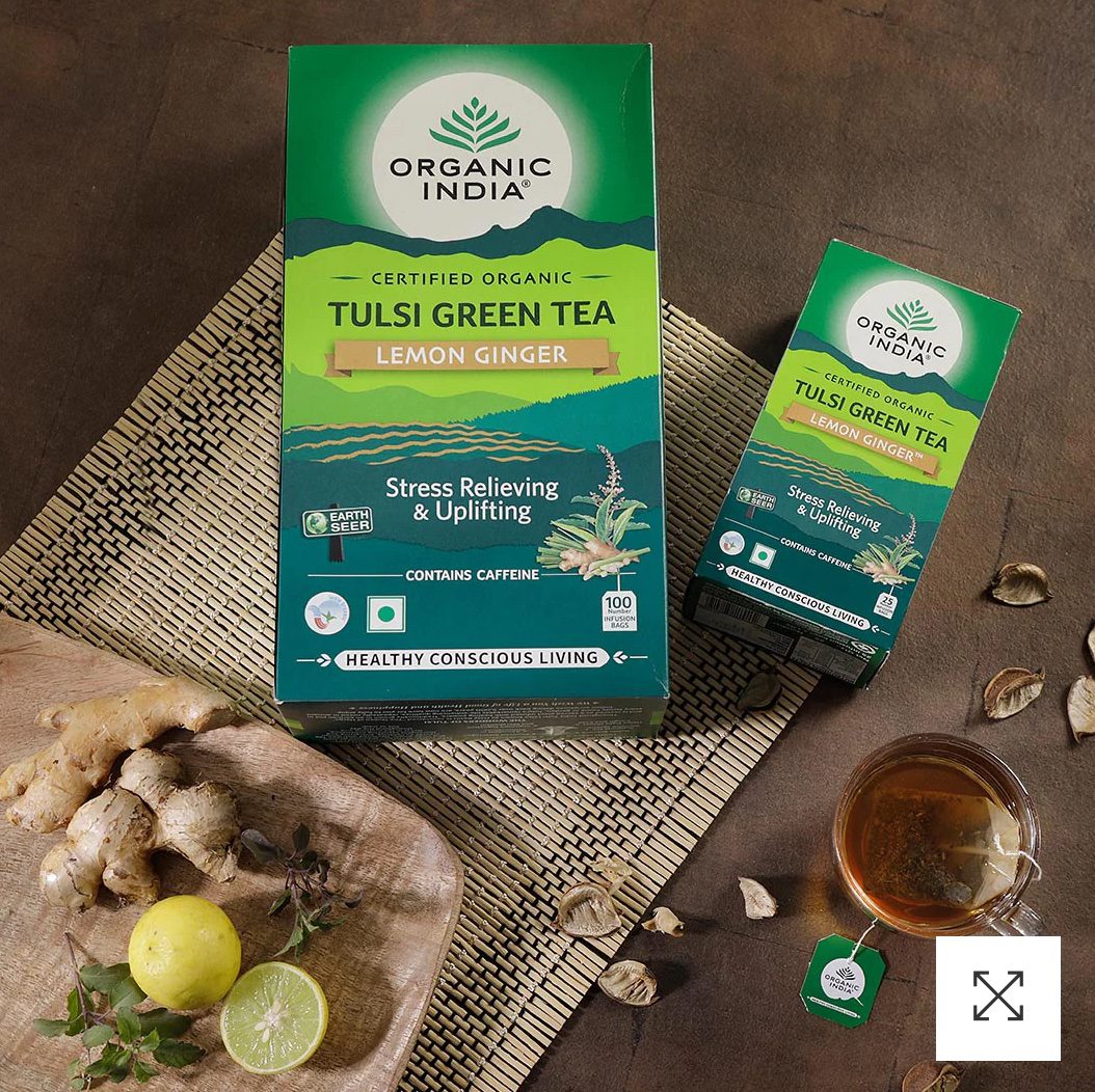 Organic India Tulsi Green Tea Lemon Ginger 100 Teabags