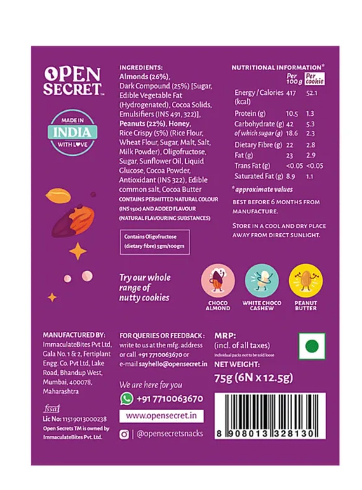 Open Secret Zero Maida Chocolate Almond Cookies - Pack of 6 - 75g