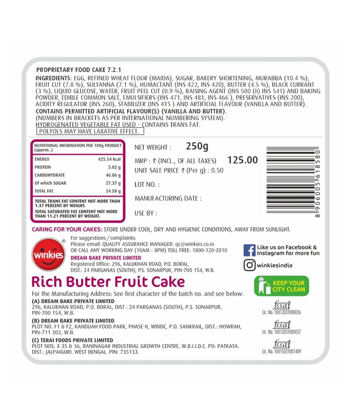 Winkies cake - Rich Butter Fruit Cake - 250G