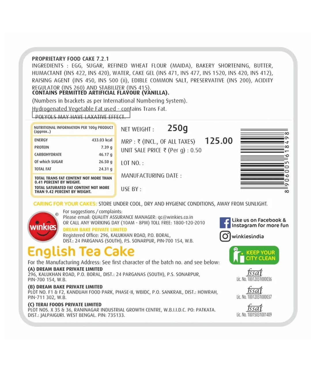 Winkies English Tea Cake -250G