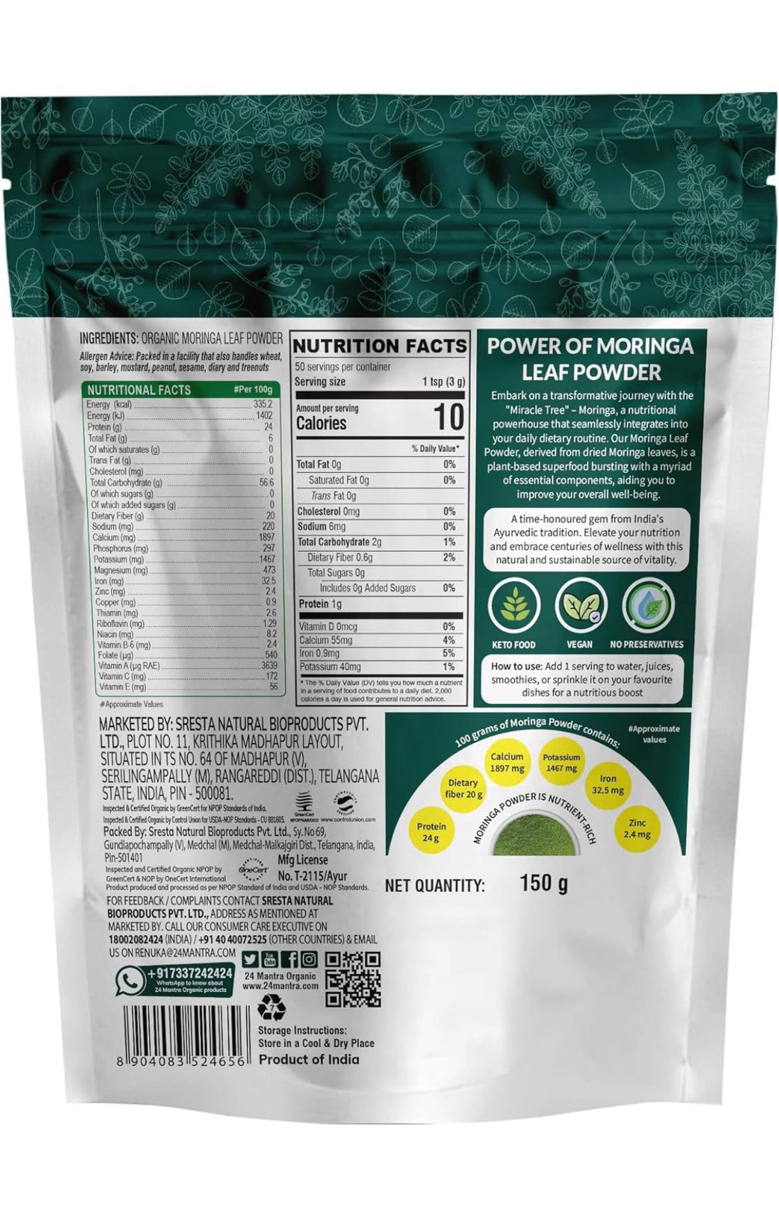 24 Mantra Organic Moringa Leaf Powder - Healthy Superfood (150 GM)