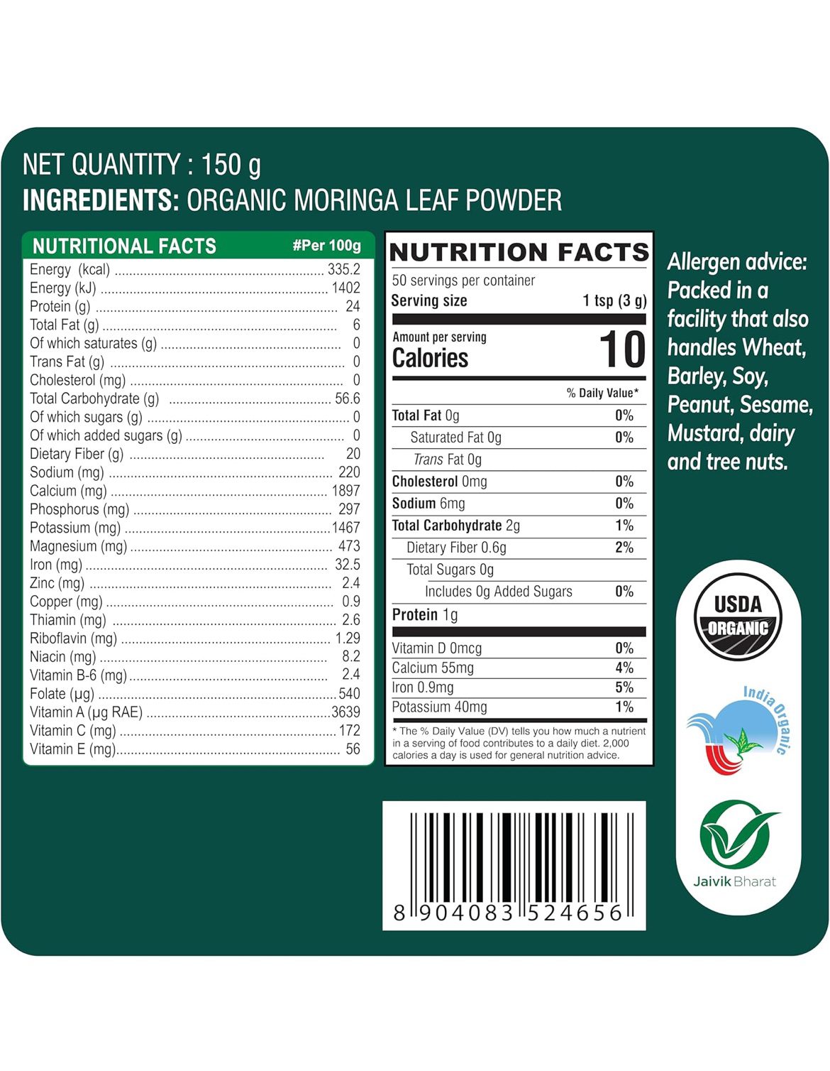 24 Mantra Organic Moringa Leaf Powder - Healthy Superfood (150 GM)