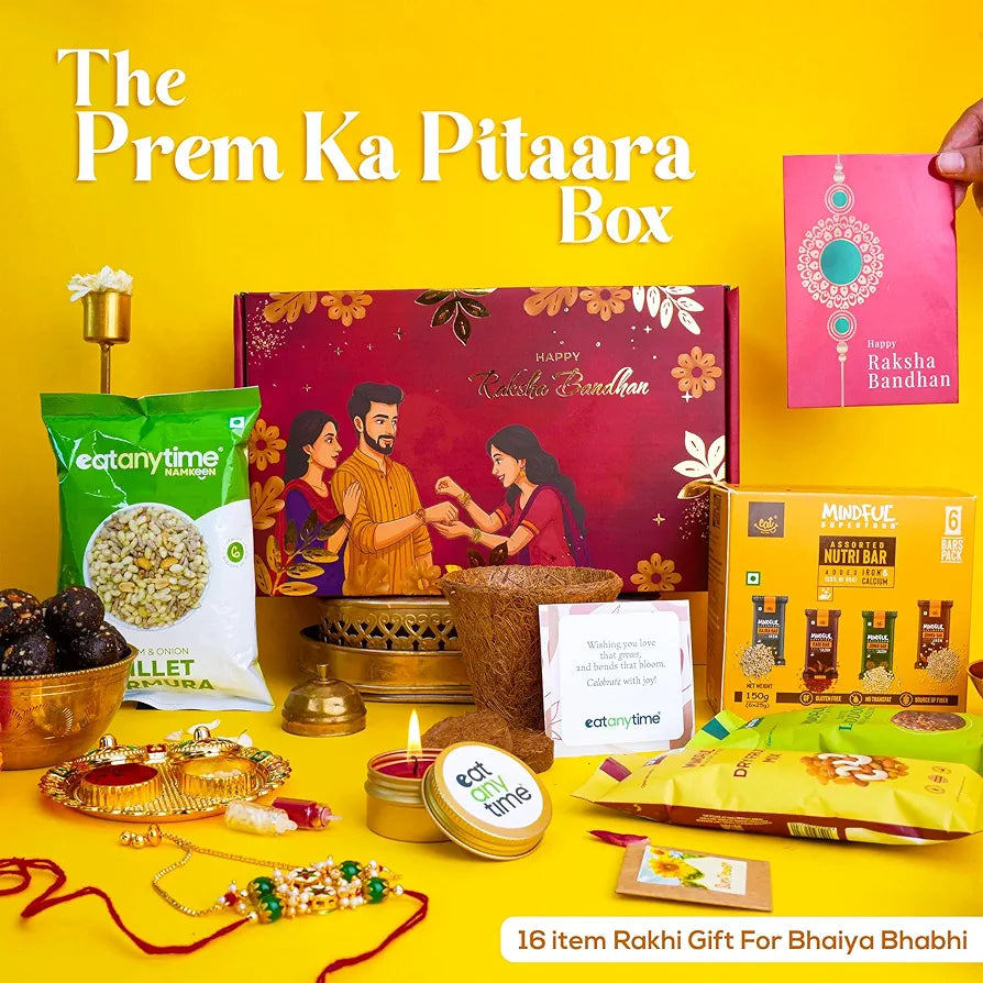 Eat Anytime - Prem Ka Pitaara | Bhaiya Bhabhi Rakhi Hamper with Gifts | 16 Items
