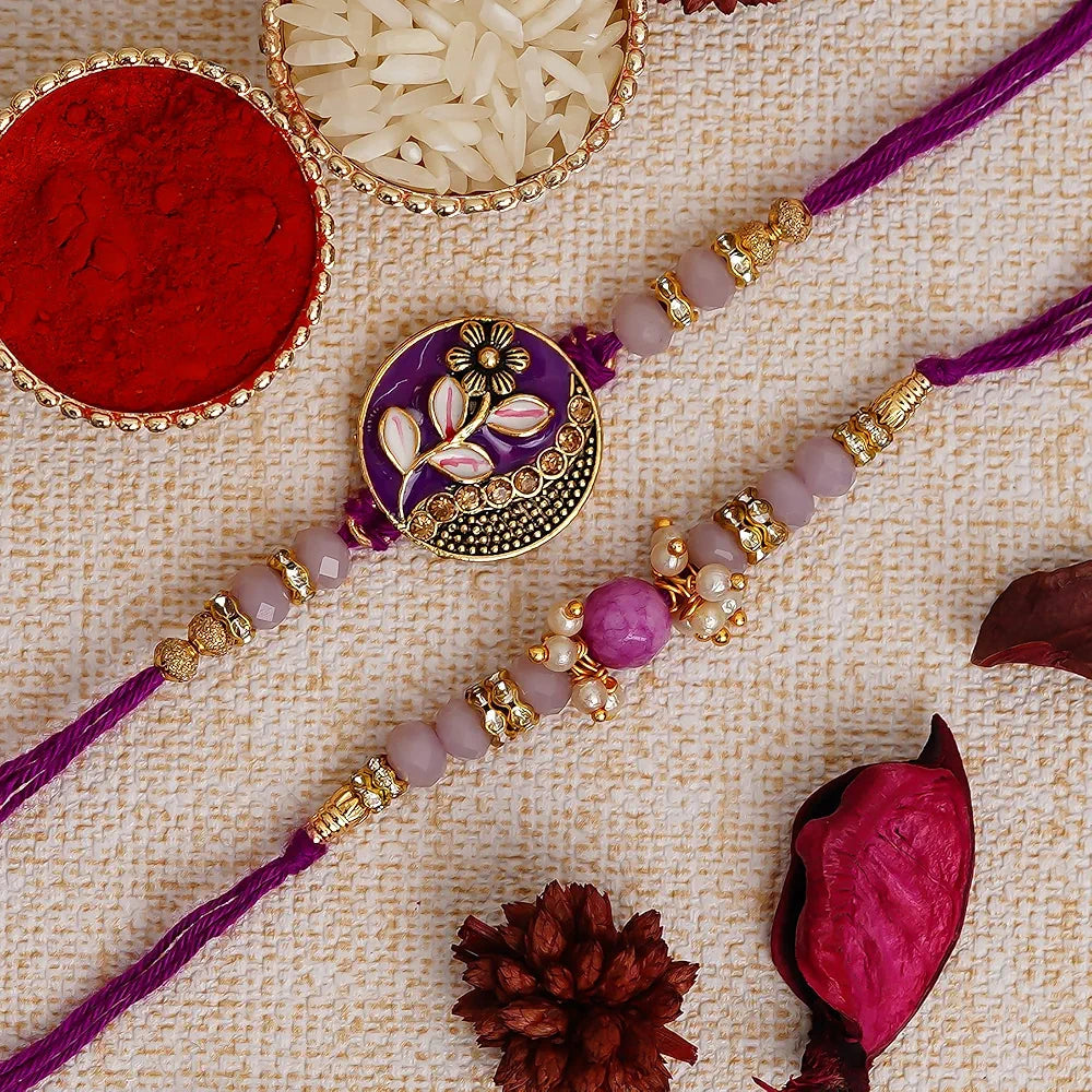 E-CraftIndia Set of 2 Purple Floral & Pearl Designer Rakhi's
