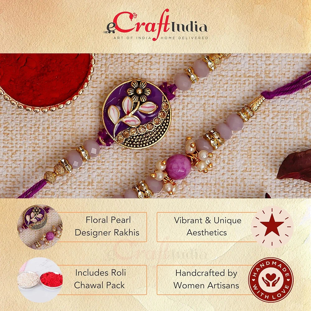 E-CraftIndia Set of 2 Purple Floral & Pearl Designer Rakhi's