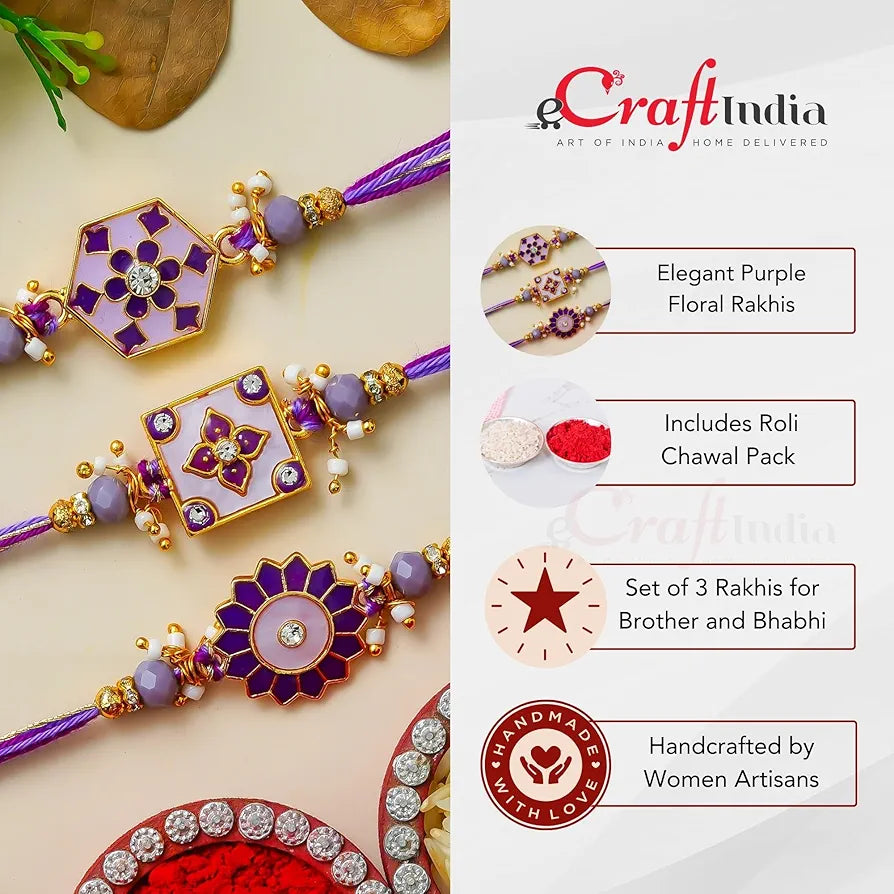 E-CraftIndia Set of 3 Purple Floral Designer Rakhi's