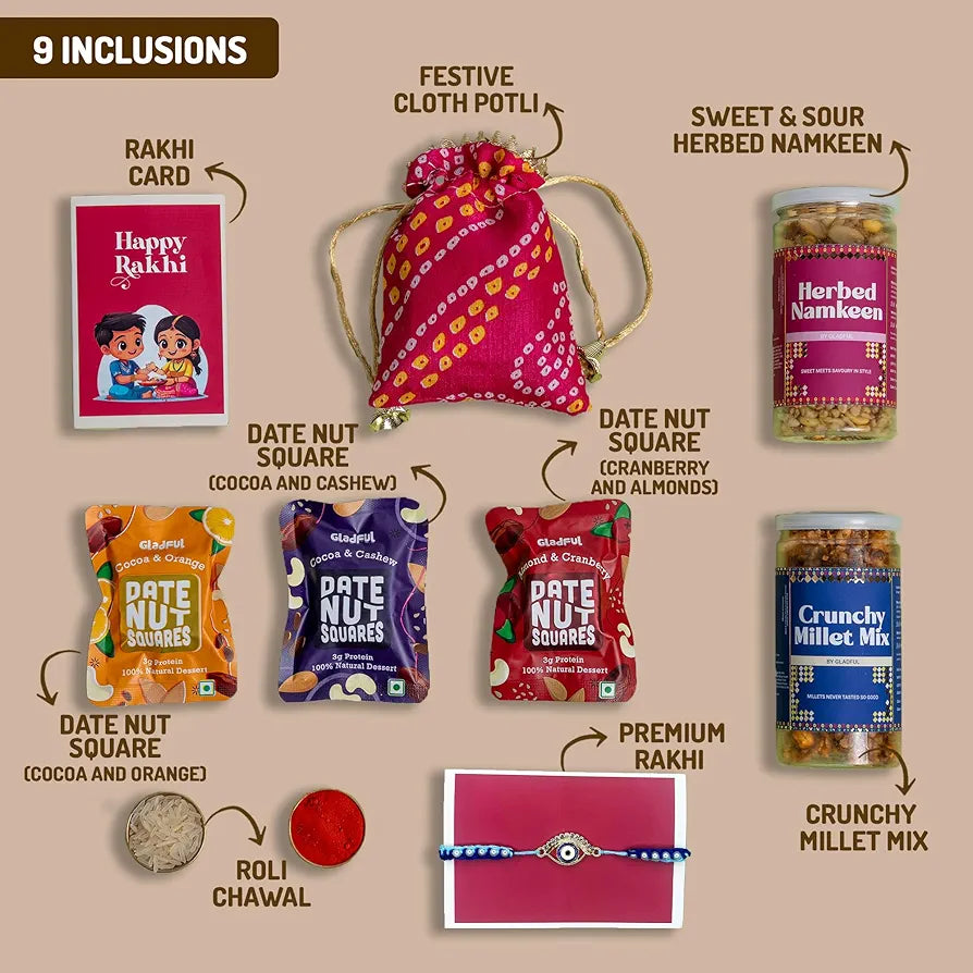 Gladful Dil ka Dhaaga Rakhi Gift Box for Brother – 9 Items