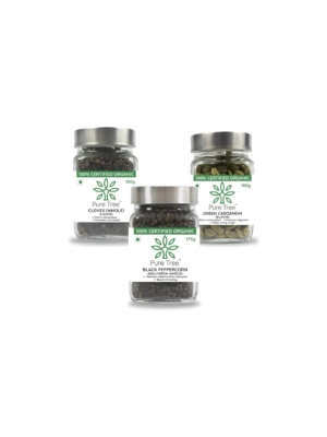 Pure Tree Certified Organic Cloves 100g, Green Cardamom 100g, Black Pepper 175g |