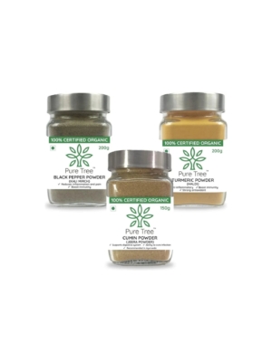 Pure Tree Certified Organic Black Pepper 200g, Turmeric 200g, Cumin Powder 150g |