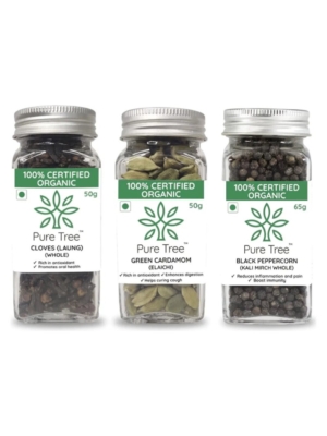 Pure Tree Certified Organic Cloves 50g, Green Cardamom 40g, Black Pepper 65g |