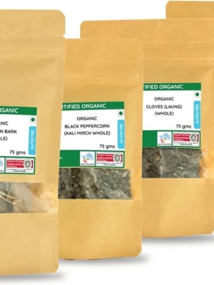 Pure Tree Certified Organic Laung Cloves, Green Cardamom Elaichi, Kali Mirch, Dalchini Cinnamon Bark | 75 g