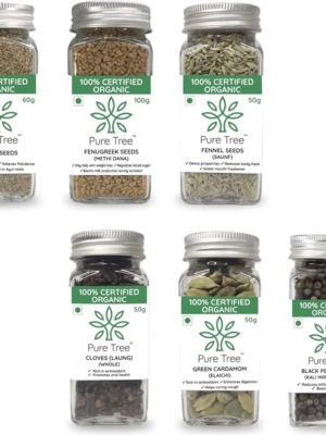 Pure Tree Certified Organic Ajwain 60g, Fenugreek 100g, Black Pepper 65g, Clove & Fennel 50g, Cardamom 50g |
