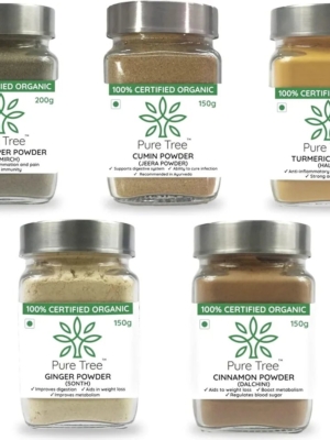 Pure Tree Certified Organic Spice Combo Pack | Black Pepper, Turmeric (200g each), Cumin, Cinnamon, Ginger (150g Glass Jar each)